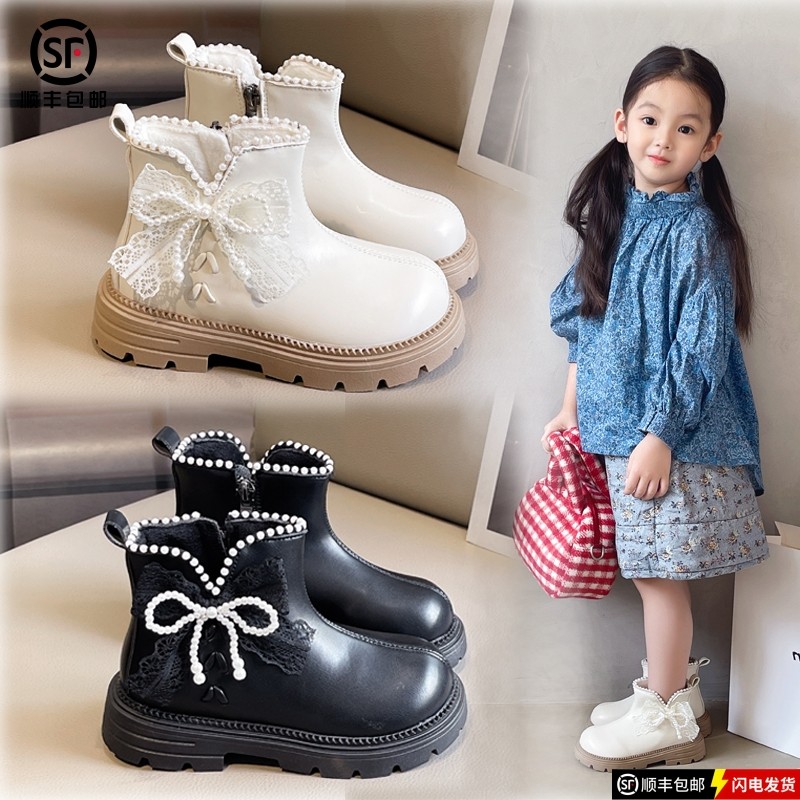 真皮女童皮靴冬季新款珍珠蝴蝶结公主短靴洋气女孩加绒保暖马丁靴