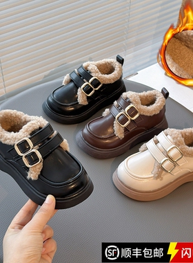 真皮女童英伦风加绒乐福鞋冬季新款厚底小皮鞋保暖毛毛鞋防滑棉鞋