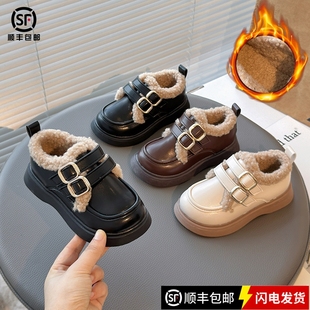 真皮女童英伦风加绒乐福鞋冬季新款厚底小皮鞋保暖毛毛鞋防滑棉鞋