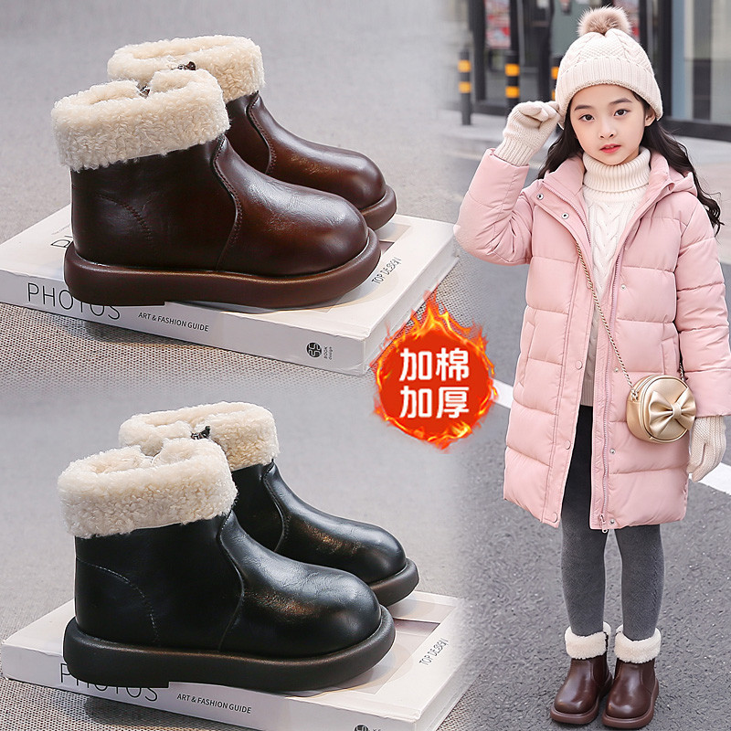 女童真皮加绒防滑雪地靴