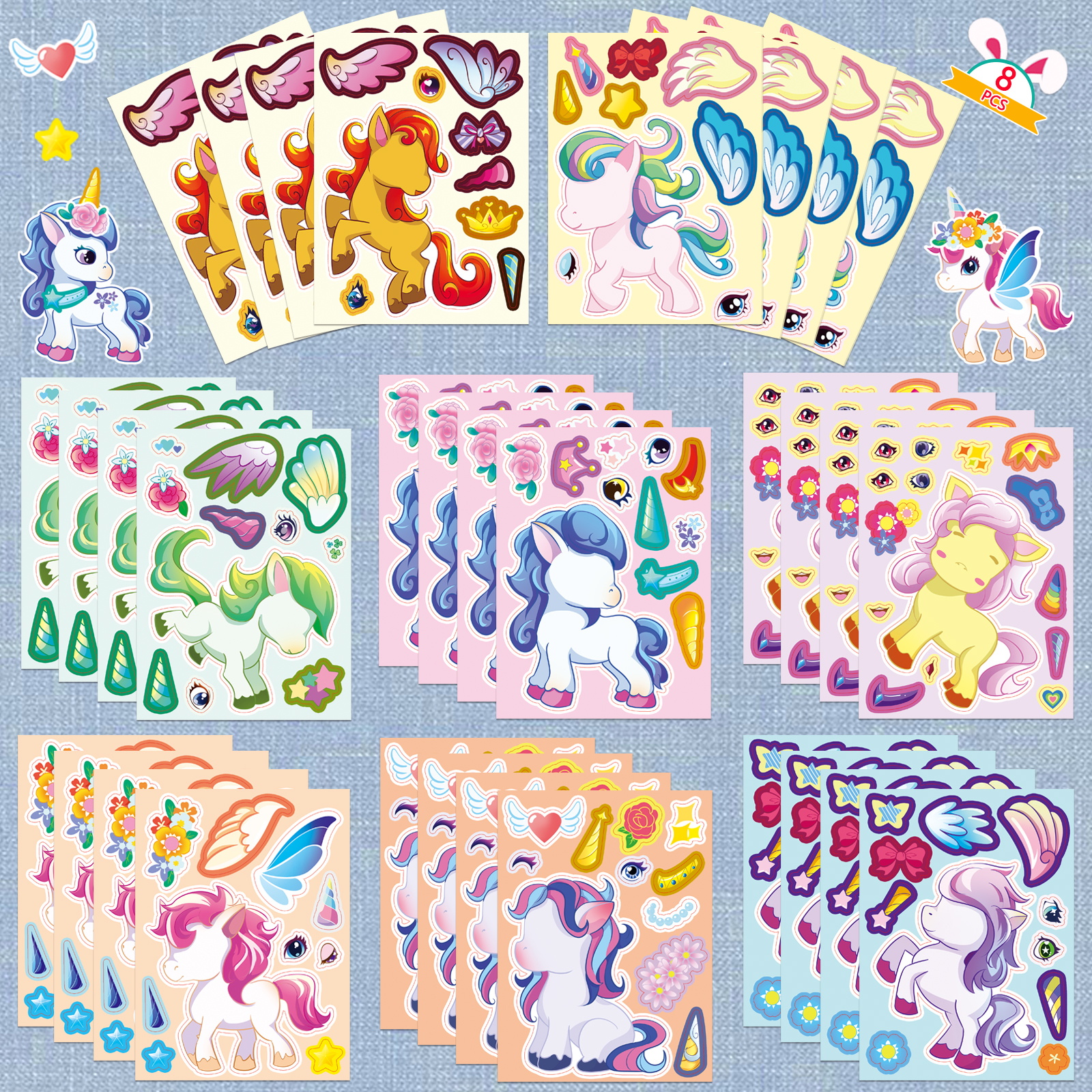 8张独角兽套图可爱卡通防水贴纸
