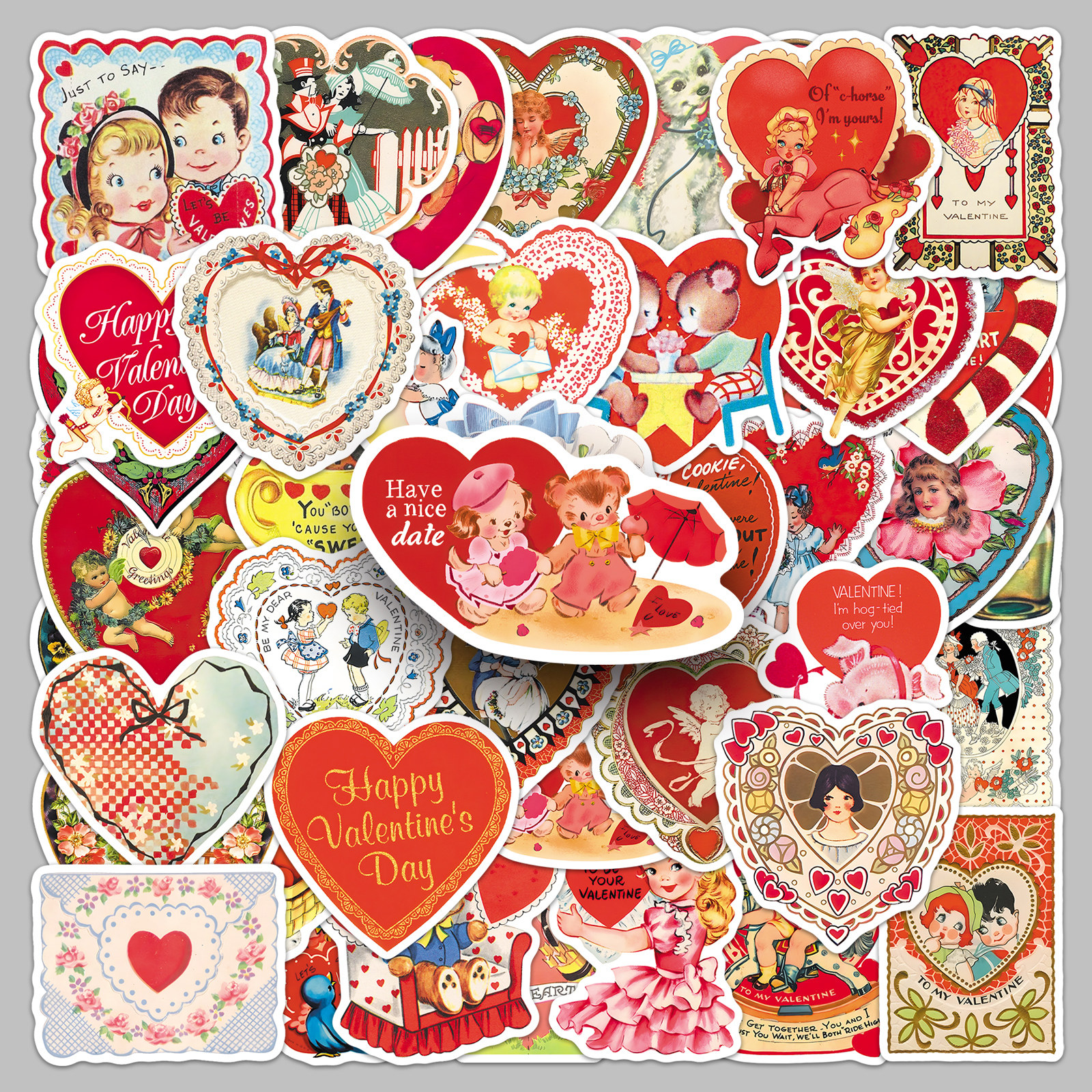 100张复古情人节卡通贴纸可爱艺术彩绘涂鸦咕卡手帐素材装饰防水礼