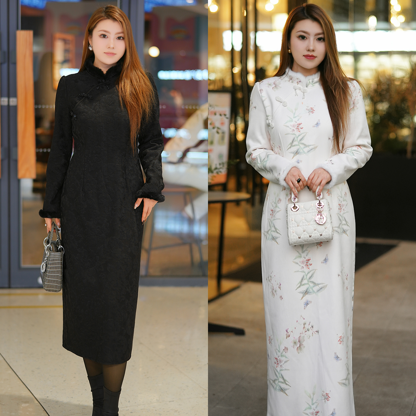 XYD71358白月光冬季新款国风加绒加厚素雅旗袍气质遮肉大码连衣裙