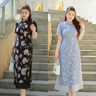 XYD71543新款改良旗袍显瘦遮胯薄款洋气修身减龄大码旗袍连衣裙
