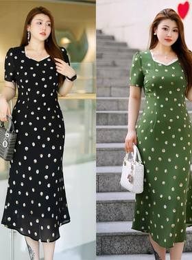 XYD71552夏季新款显白洋气凉爽波点蕾丝边拼接轻薄透气大码连衣裙