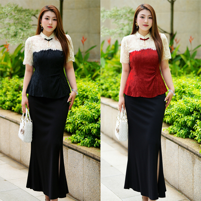 XYD71530/XYD71602国风中式大码两件套蕾丝拼接上衣气质鱼尾半裙