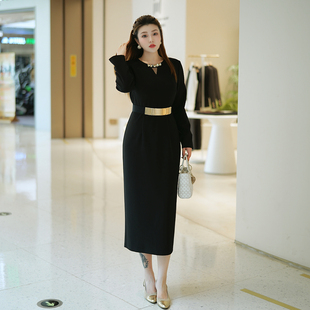 女装 收腰大码 显瘦连衣裙 气质简约成熟小黑裙OL风长袖 XYD71745秋季