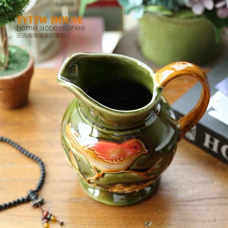 欧式田园绿色小鸟CFU面花纹工艺陶瓷装饰N单手柄桌花瓶餐摆件高级