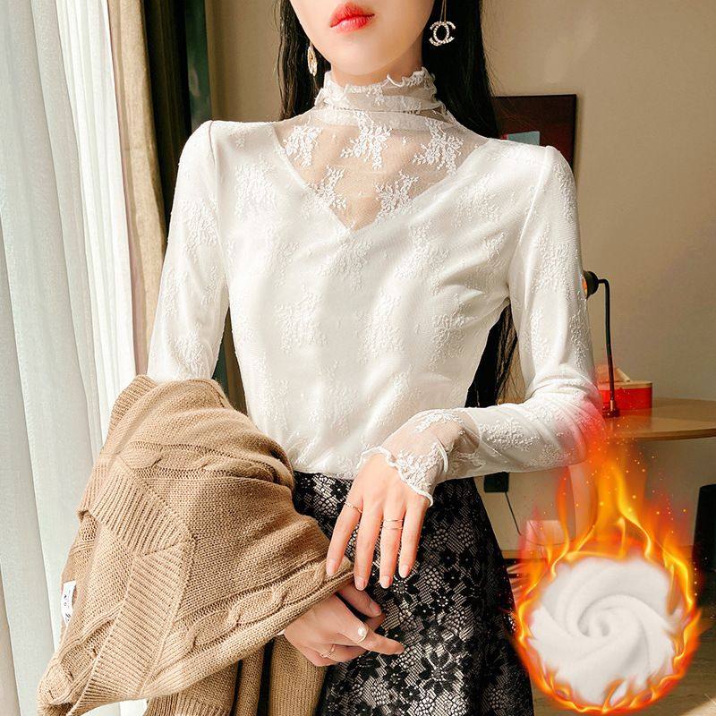 高领加绒蕾丝打底衫女秋冬款洋气加厚内搭木耳边纱衣性感网纱上衣,女装/女士精品,蕾丝衫/雪纺衫,淘宝优惠券,粉丝福利购,淘宝优惠卷