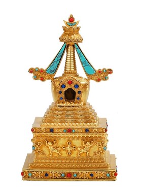 尼泊尔铜鎏金手工菩提塔宝塔可打开装物件噶O当塔镶嵌宝石八塔摆
