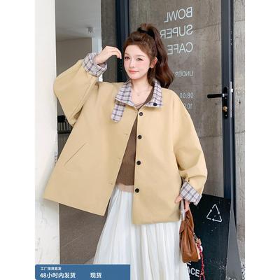 格纹拼接卡其色短款风衣外套女春秋今年流行韩系休闲小个子短上衣
