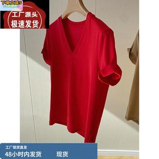 莱赛尔针织天丝棉麻上衣 夏季 2025新款 红色冰丝纯棉短袖 T恤女薄款