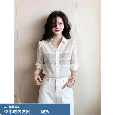 白色蕾丝拼接衬衫女2026新款春季法式超火减龄今年流行的爆款上衣
