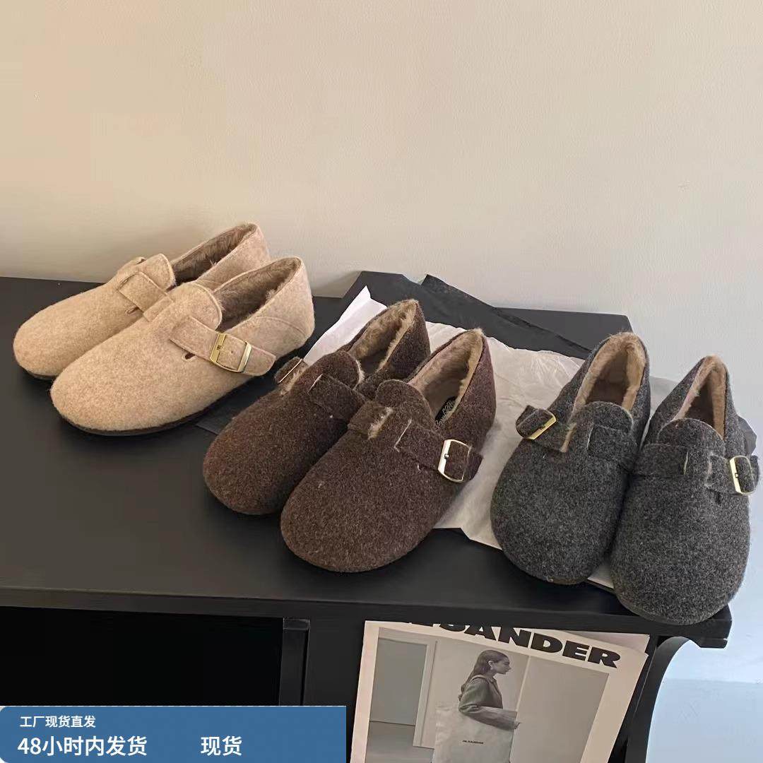 加绒厚软底勃肯鞋毛毛鞋乐福鞋秋夏保暖棉鞋一脚蹬单鞋女鞋子外穿