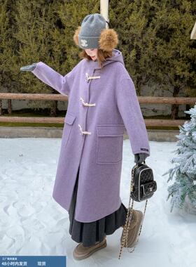 紫色学院风减龄双面呢大衣女2025年冬季新款连帽显瘦保暖毛呢外套