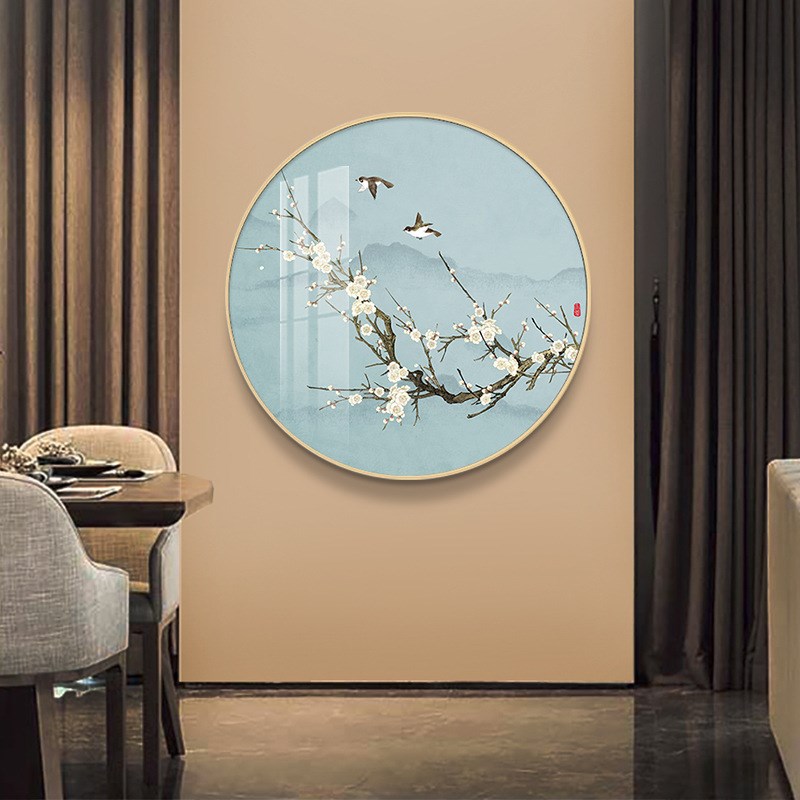 现代圆形b花鸟装饰画玄关过道客厅沙发背景墙挂画壁画古风晶瓷墙t图片