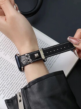 知了兔用于苹果手表apple watch10表带s11代金属朋克风真皮克罗心小众男女s10皮质se个性s9876高级感做旧41mm