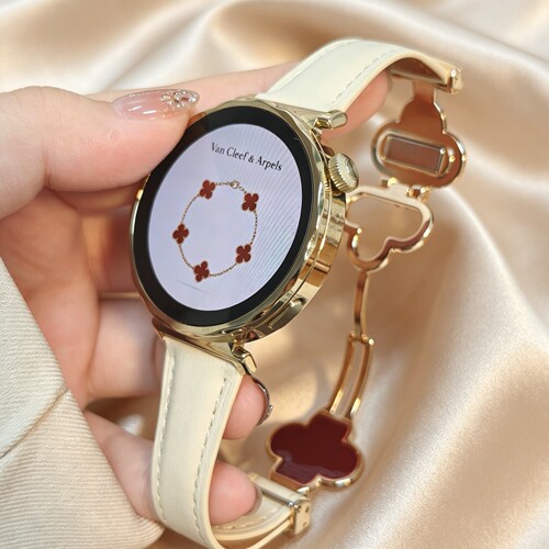 适用华为gt6手表带女款gt5磁吸扣watch5四叶草5Pro真皮腕表带运动GT4智能女高级感gt5pro女士时尚腕带41mm