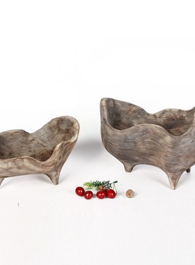 现代简约手工木h质花盆木碗托盘果盘收纳摆件桌面装饰器皿果碗摆