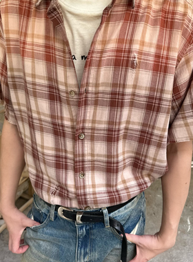 SHIIN 'Morum'双色水洗褪色破坏做旧vintage纯棉短袖流苏短袖衬衫