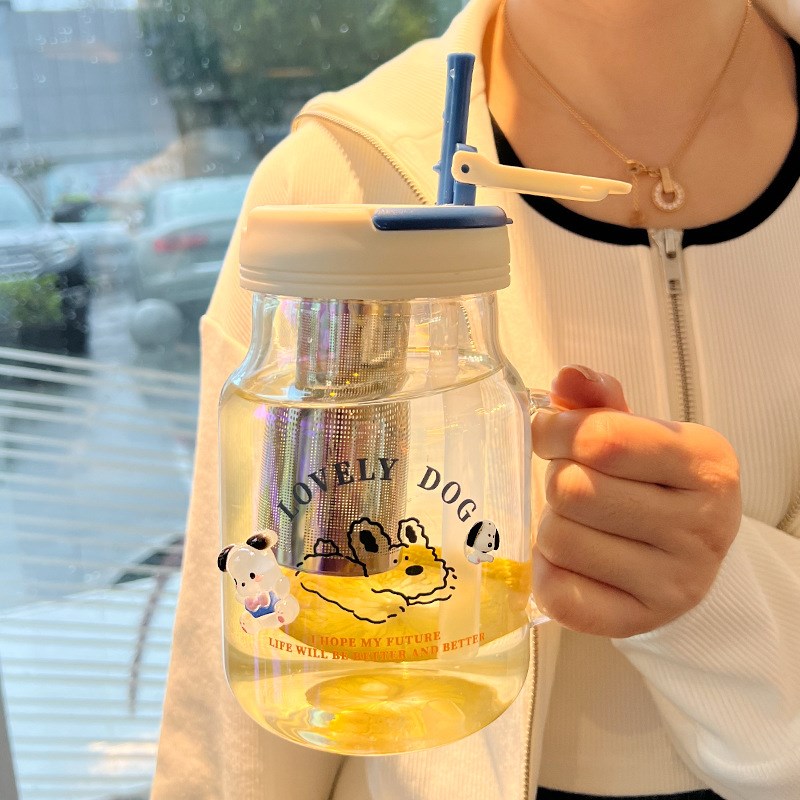 带把手玻璃杯大容量女生茶水分离C高颜值大肚吸管杯子2025新款