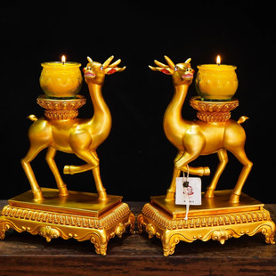 藏式吉祥神鹿摆件酥油灯座十寸双鹿供灯一M路献灯鎏金尼泊尔工艺