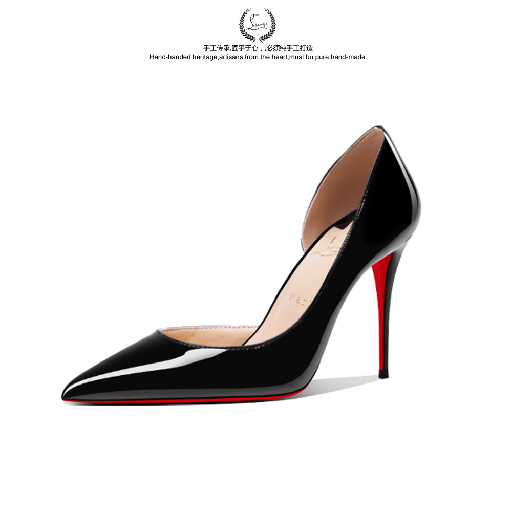 对标保密代发内侧空真皮iriza黑色漆皮红底高跟鞋细跟浅口尖头鞋