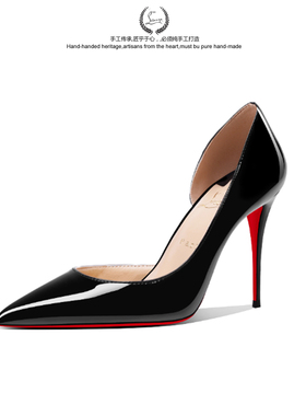 对标保密代发内侧空真皮iriza黑色漆皮红底高跟鞋细跟浅口尖头鞋