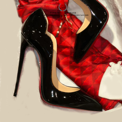 真皮高版Hot Chick 12cm黑色漆皮红底高跟鞋尖头浅口细跟单鞋13cm