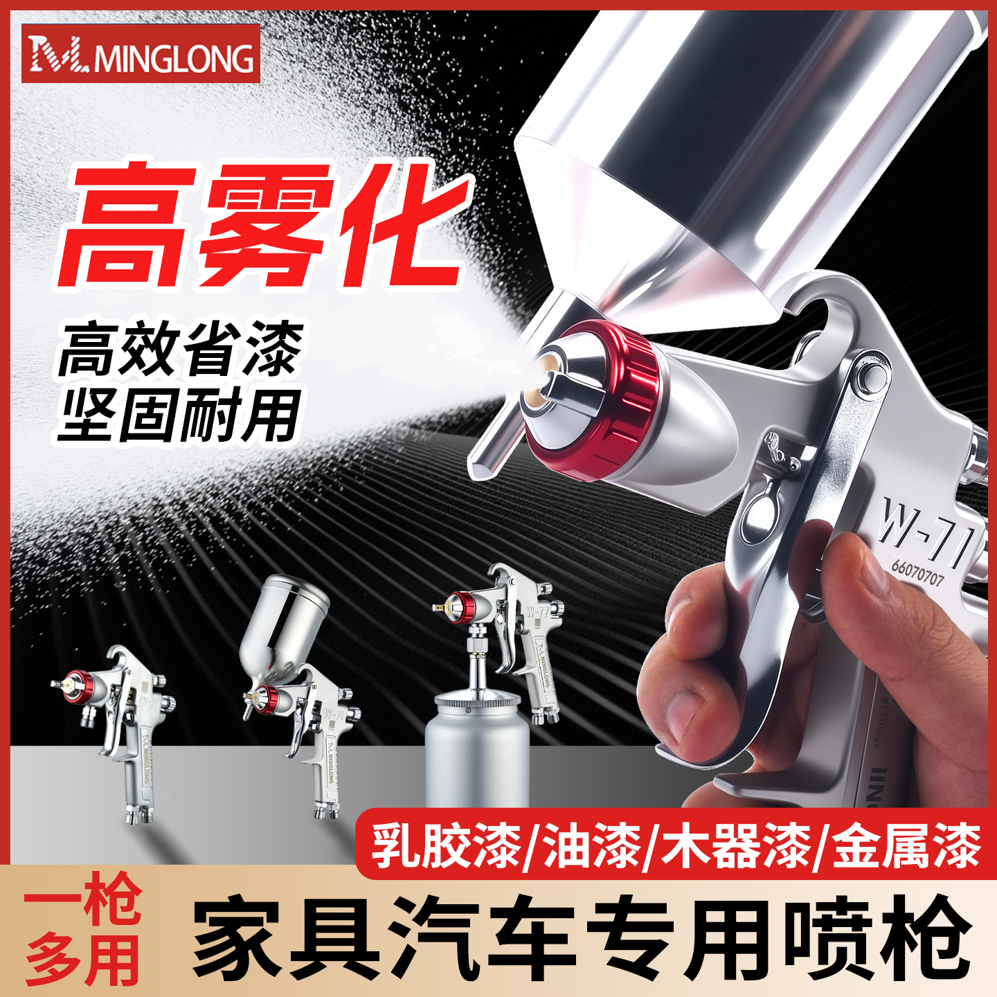明龙喷漆枪气动家具汽车专用油漆喷枪W71W77高雾化喷涂枪工具大全