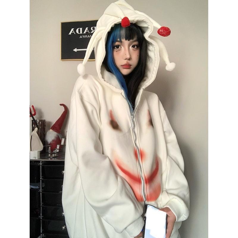 黑客HACK抽象小丑连帽拉链卫衣开衫女小众高级感白色上衣秋冬情侣