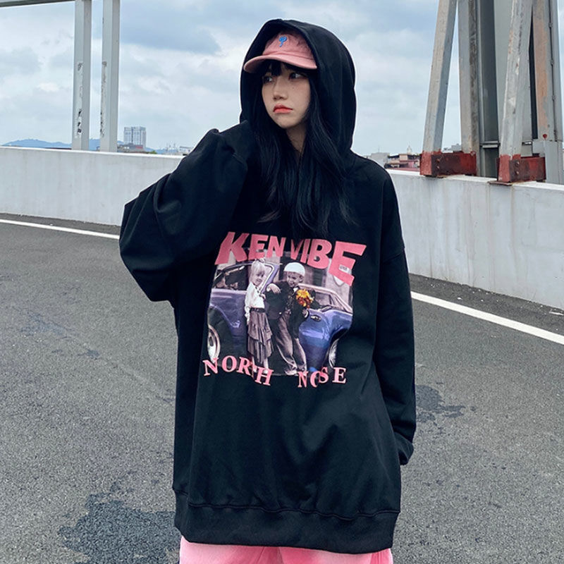 2025新款原创复古印花连帽卫衣女宽松oversiz美式街头帽衫情侣装