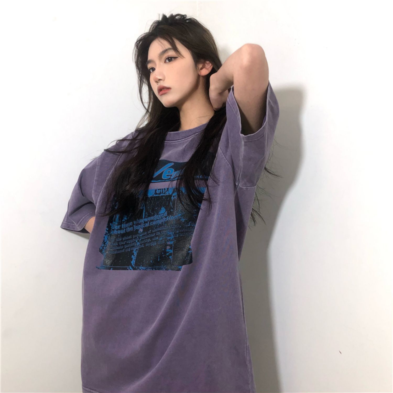 日潮CE短袖水洗做旧紫色蜡染印花情侣宽松T恤男女款休闲百搭潮流