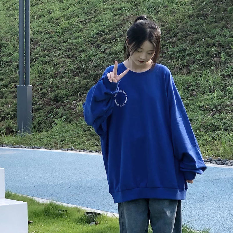 克莱因蓝原宿风ece卫衣女学生韩版春秋新款oversize宽松上衣潮ins