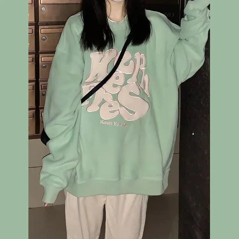 浅绿色卫衣女秋冬季小个子设计感小众宽松港味复古chic上衣潮ins