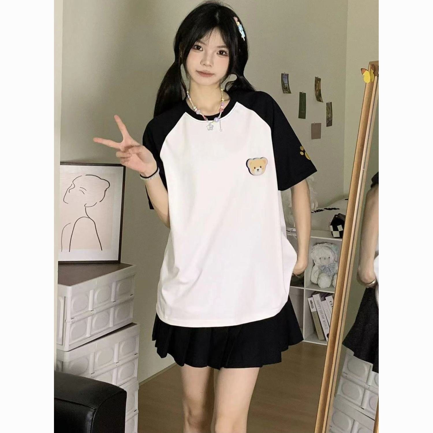 可爱小熊魔术贴卡通短袖t恤女新款学院风宽松百搭甜美ins上衣潮流,女装/女士精品,T恤,淘宝优惠券,粉丝福利购,淘宝优惠卷