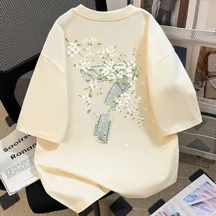 2026夏季新款设计美式绿叶花瓣印花短袖t恤女韩版宽松小众感上衣