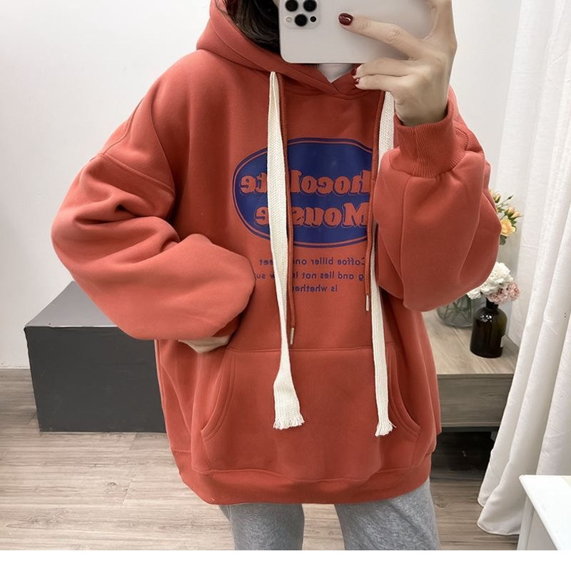 加厚加绒连帽卫衣女冬季2025新款韩版字母印花宽松慵懒风保暖上衣
