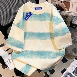 t恤男士 宽松半袖 2025新款 扎染拼色条纹大码 上衣休闲 夏季 圆领短袖