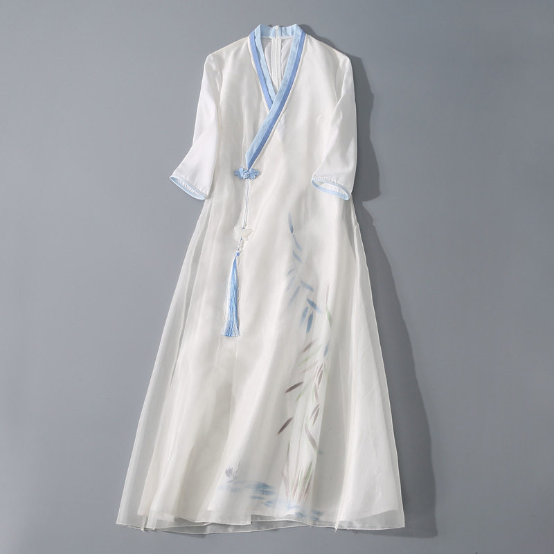 中国风连衣裙改良汉服女交领仙女古风日常茶服禅意收腰显瘦裙子夏