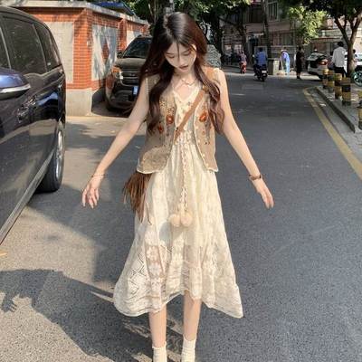 民族风外搭开衫马甲蕾丝网纱裙吊带连衣裙子女两件套装夏季小个子