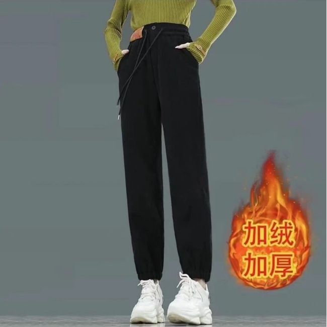 灯芯绒加绒加厚秋冬季高腰保暖休闲束脚运动哈伦卫裤子长裤女装