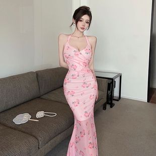 法式浪漫粉花色丝绒吊带裙长款开叉女人味连衣裙