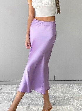极速Mnealwafys18 Solid Purple Satin Silk Skirt Women High Wa
