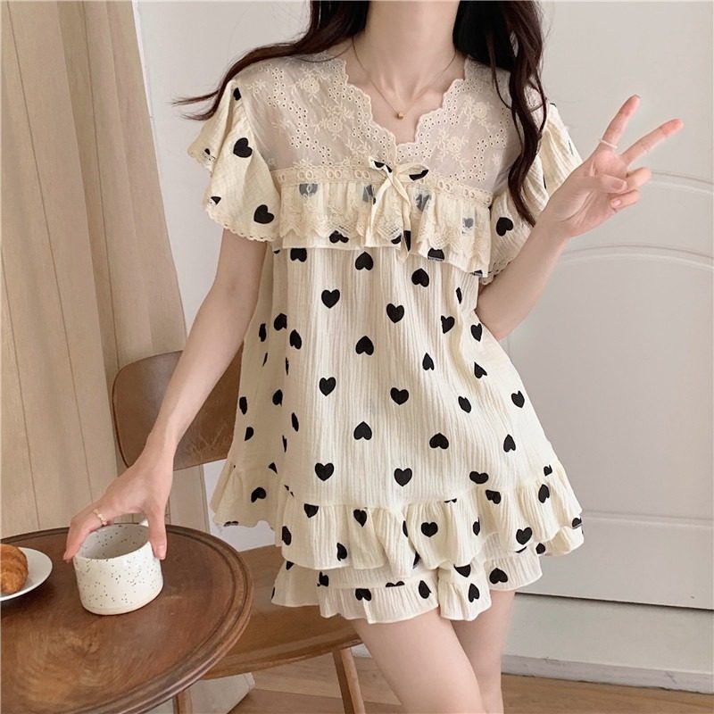 极速睡衣女夏季短袖短裤韩版甜美蕾丝爱心L纯棉纱布家居服两件式,女士内衣/男士内衣/家居服,睡衣/家居服套装,淘宝优惠券,粉丝福利购,淘宝优惠卷