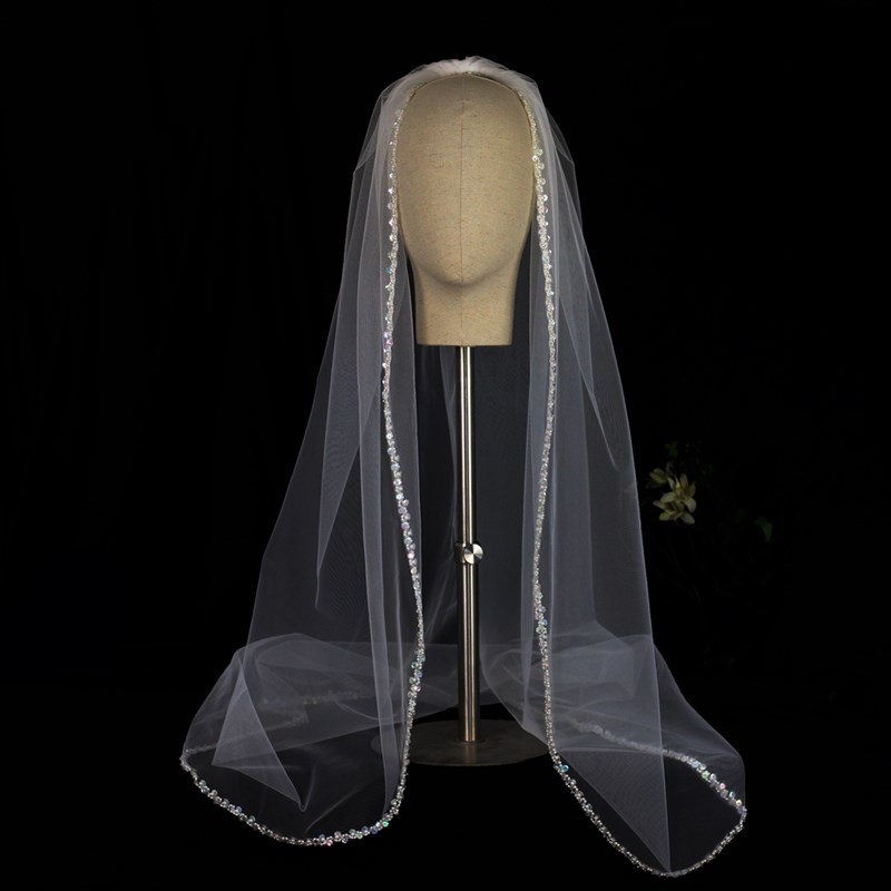 极速LA008新娘头纱 欧美重x手工串珠白色单层婚礼旅拍影楼拍照软