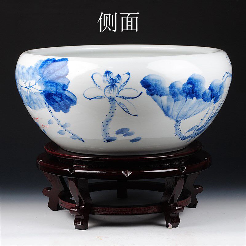 新品景德镇陶瓷金鱼缸手s绘青花水浅瓷器乌龟缸荷花睡莲盆摆件 特