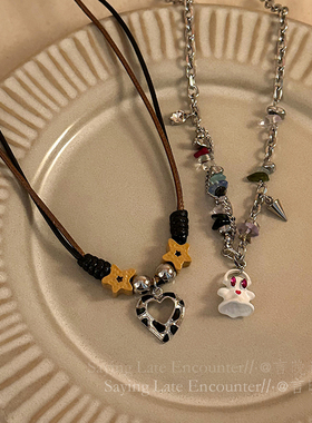 极速镂空爱心天然石项链女u钛钢不掉色简约复古小众毛衣链百搭个