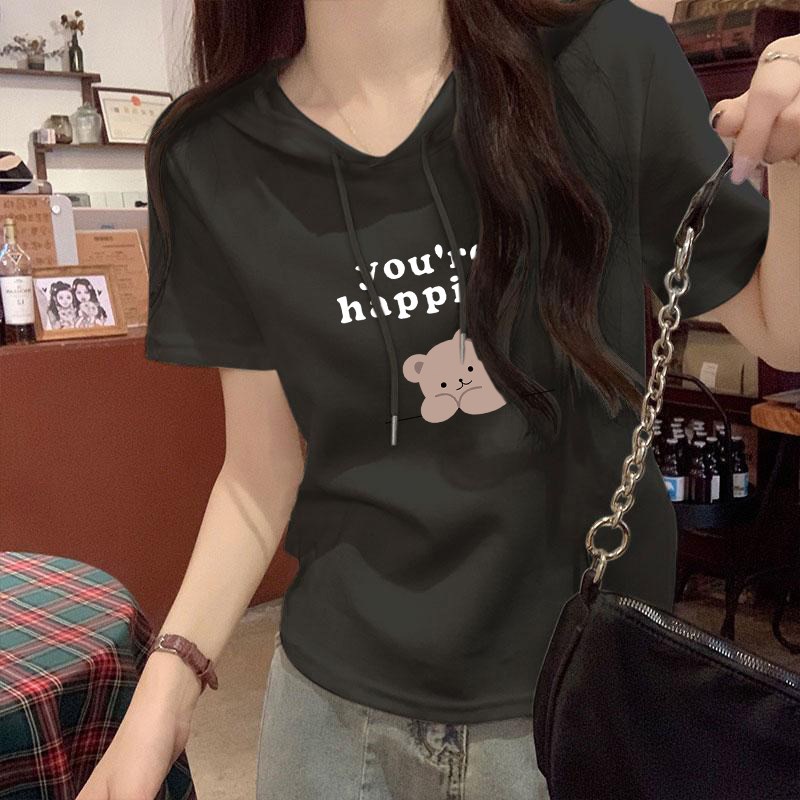 速发2025新款纯棉连帽短袖t恤女夏季宽松显瘦韩版洋气正肩薄款上