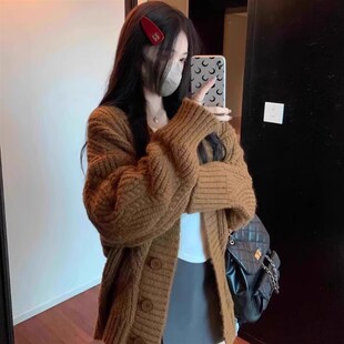 上衣 奶呼呼加厚棕色毛衣外套t女秋冬宽松慵懒风麻花复古针织开衫